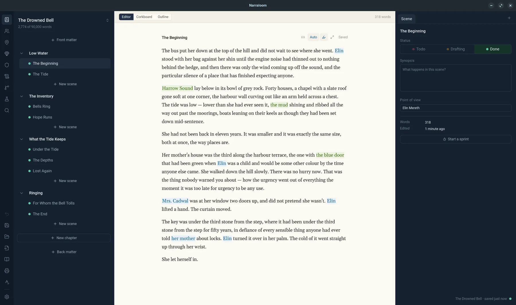 The Narraloom editor: a manuscript tree of chapters and scenes on the left, prose in the centre with character and place names highlighted, and scene details on the right.