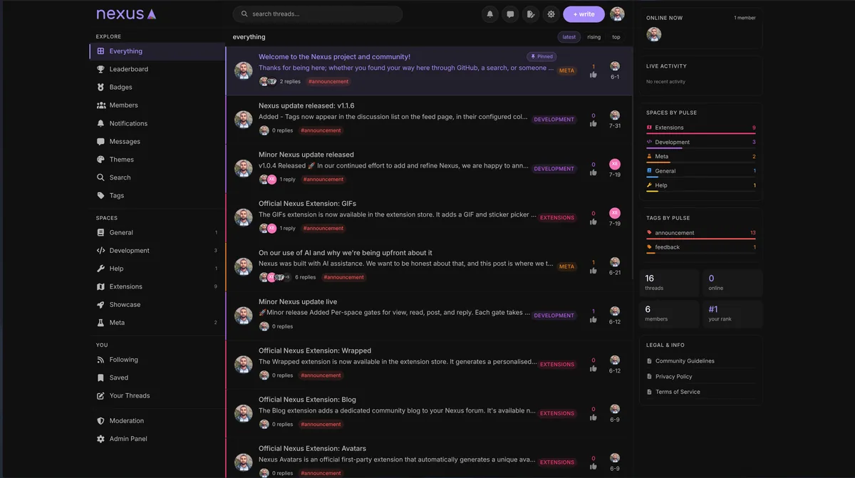The Nexus forum, showing a thread list with spaces, tags and a live activity sidebar.