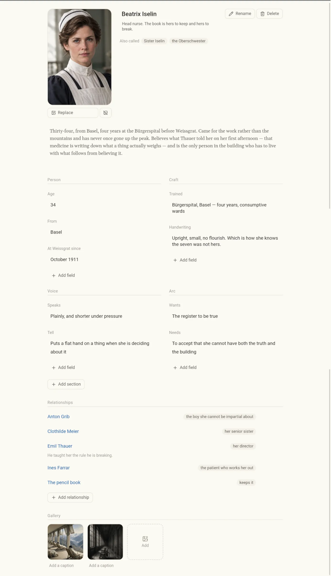 A character sheet with photograph, grouped fields, relationships and a gallery
