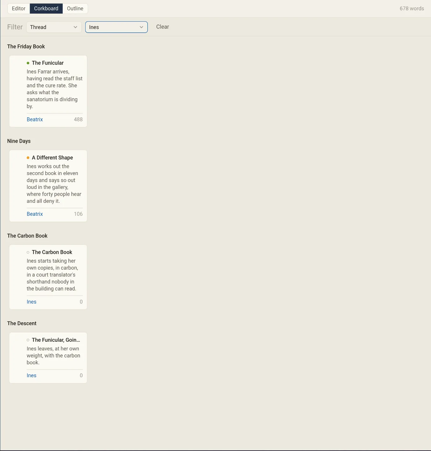 The same corkboard filtered down to four cards following one storyline
