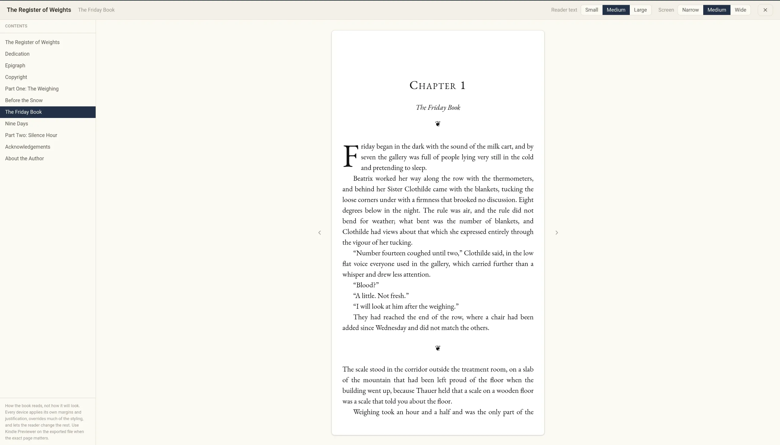 The ebook preview showing one page at a time with the contents listed alongside