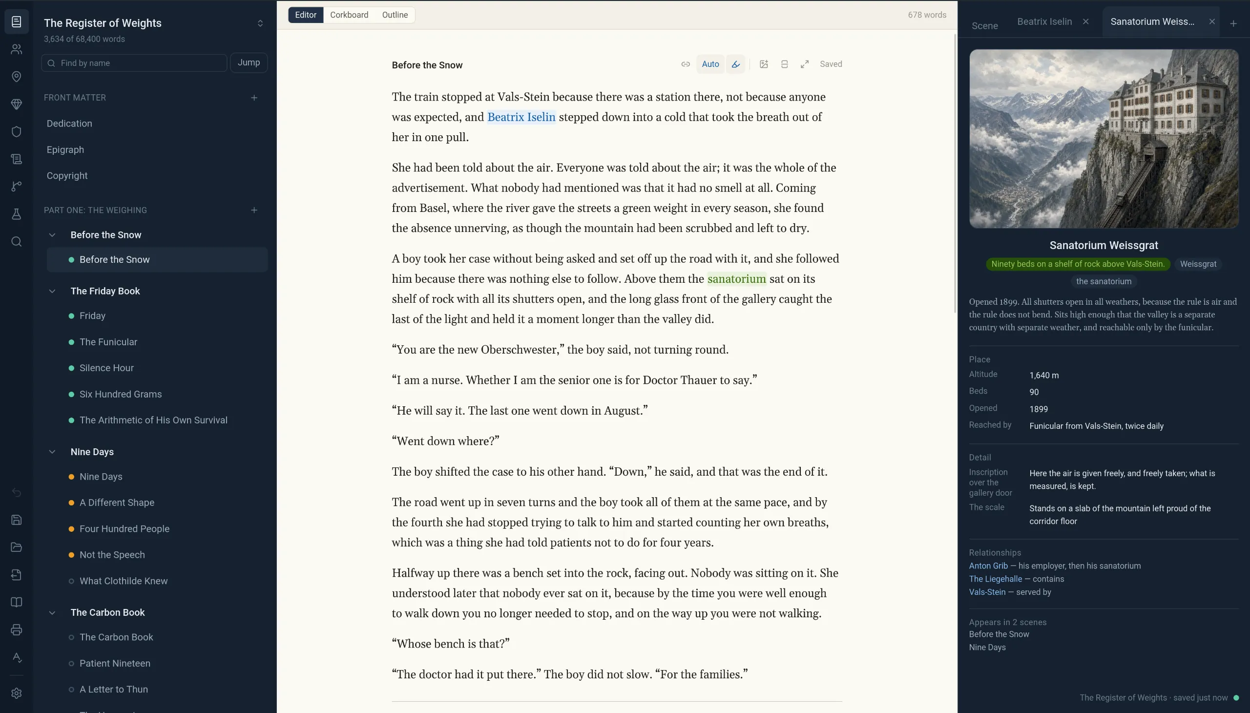 Narraloom with the chapter list on the left, a scene being written in the centre, and a place from the book open on the right